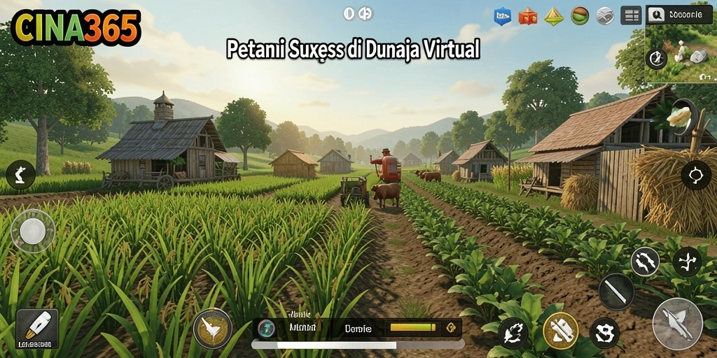 Screenshot gameplay CINA365 menampilkan suasana pertanian yang hidup dan interaktif.