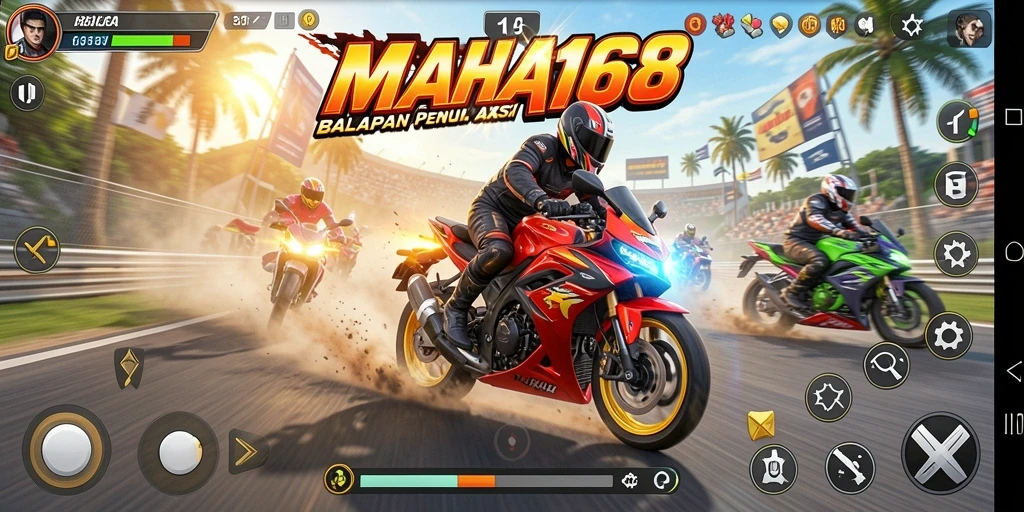 Screenshot MAHA168 menampilkan momen seru balapan motor di trek.